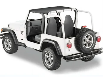 Exterieur Zubehör Jeep Wrangler TJ Omix Frontbügel schwarz mit LED Zusatzscheinwerfer und Bestop Duster Cover