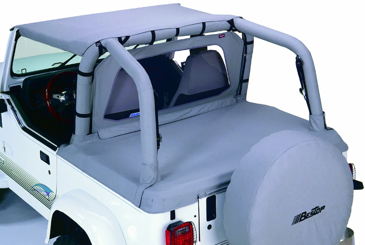 Cargo cover Jeep Wrangler YJ Bestop Duster deck cover and Windjammer in Black Denim cargo protection