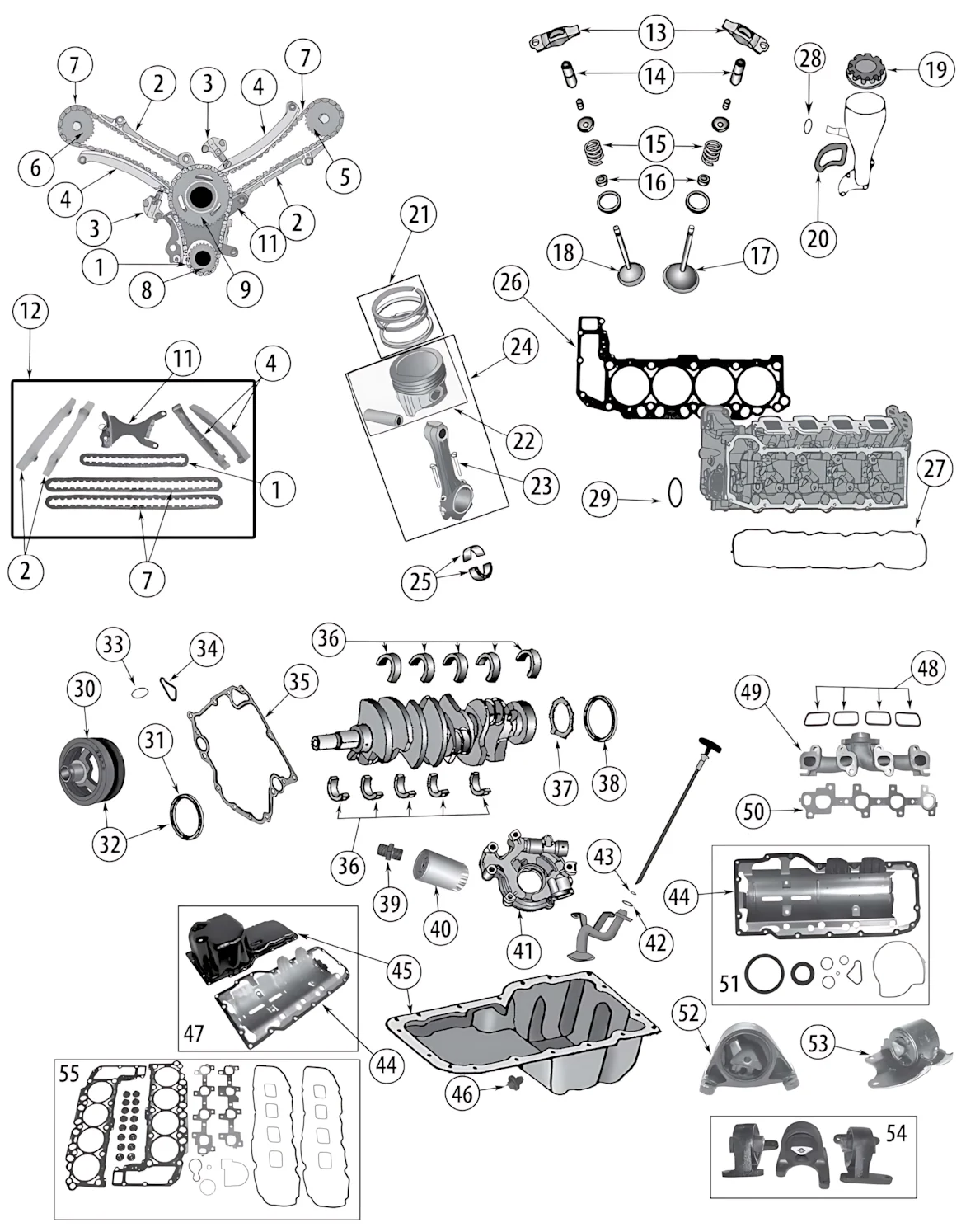 Jeep Grand Cherokee WJ WG 99-04 4,7l & 4,7l "HO" 8-cylinder engine exploded drawing with number labled spares shown.