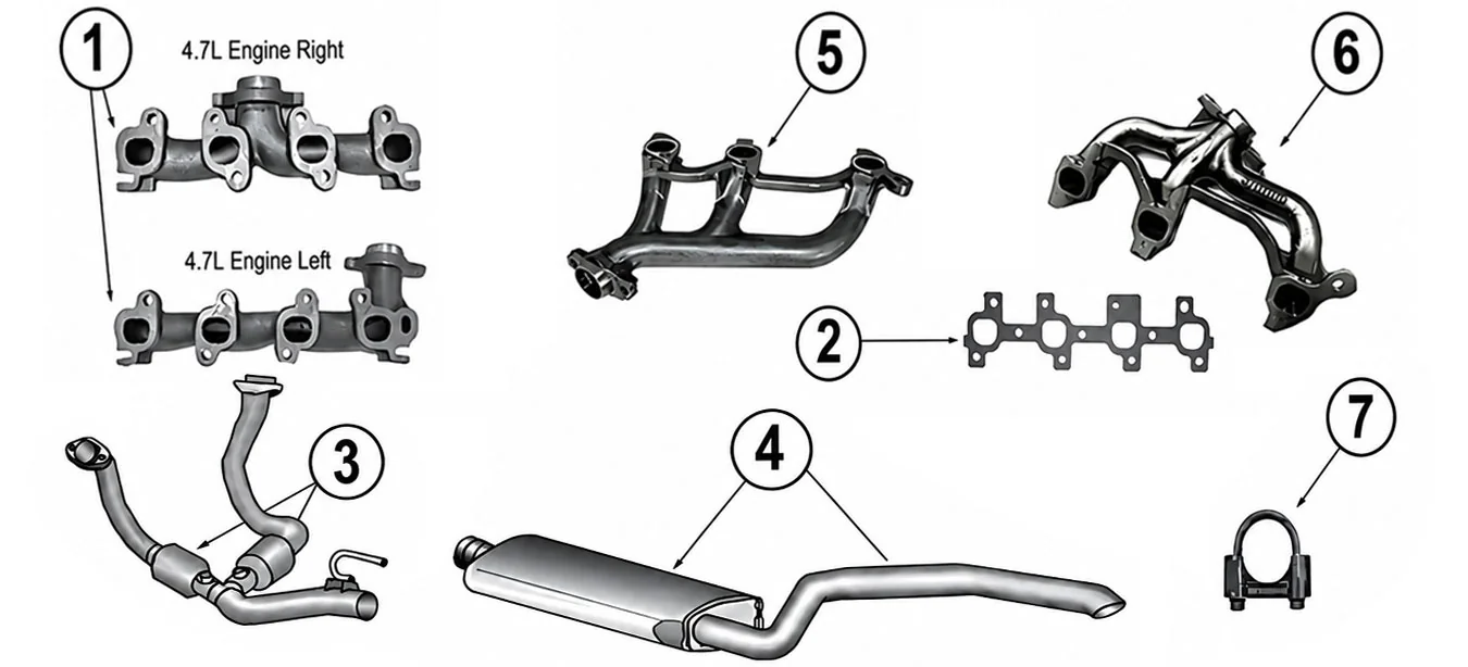Jeep Grand Cherokee WJ WG 99-04 Auspuffanlage technische Zeichnung mit nummerierten Teilen aufgezeigt.