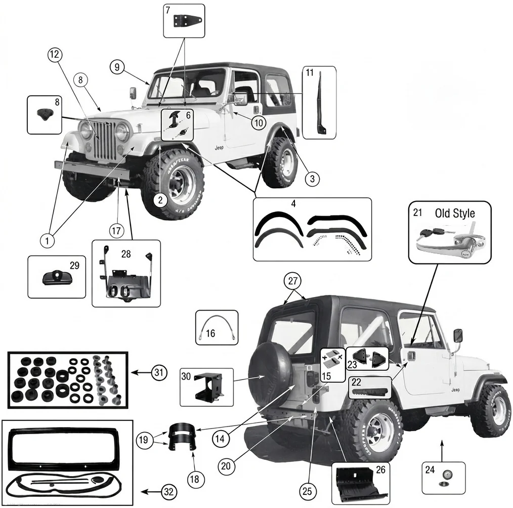 Jeep CJ7 76-86 body parts labled with numbers shown on vehicle.