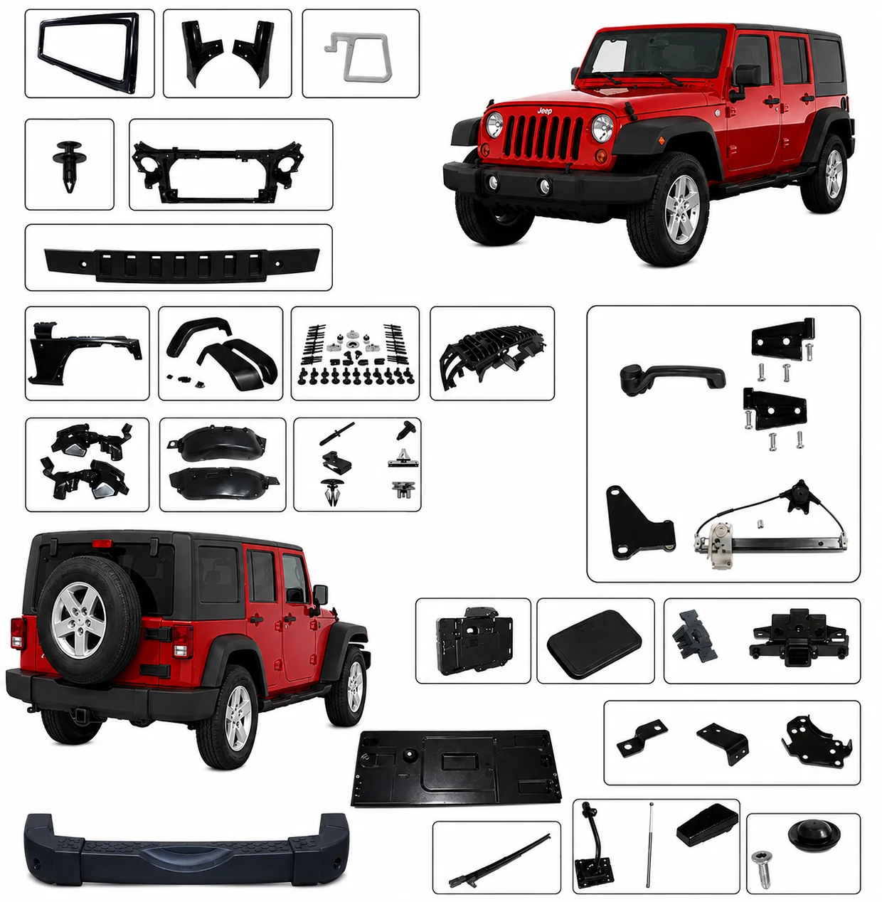 Jeep Wrangler TJ 96-06 Karosserieteile gezeigt an einem ausgestatteten Fahrzeug