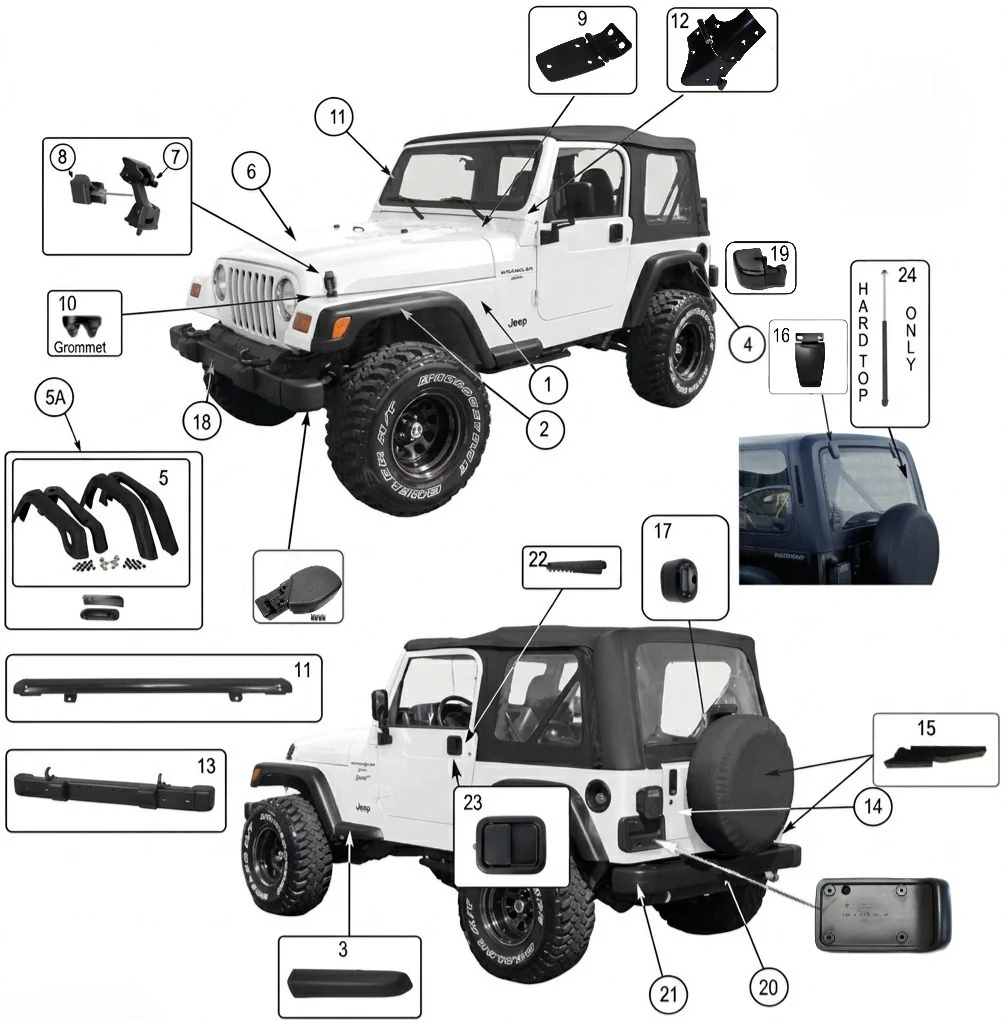 Jeep Wrangler TJ 96-06 Body Parts highlighted on a modified TJ