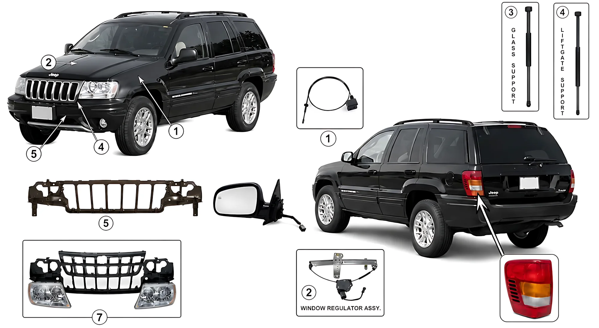 Jeep Grand Cherokee WJ WG 99-04 Karosserieteile am Fahrzeug aufgezeigt.