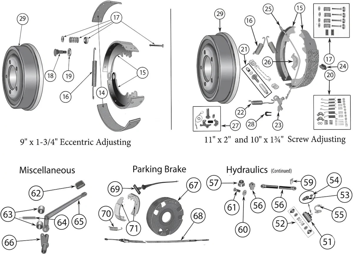 Jeep CJ5 55-71 brake parts exploded drawing with number labled spares highlighted.
