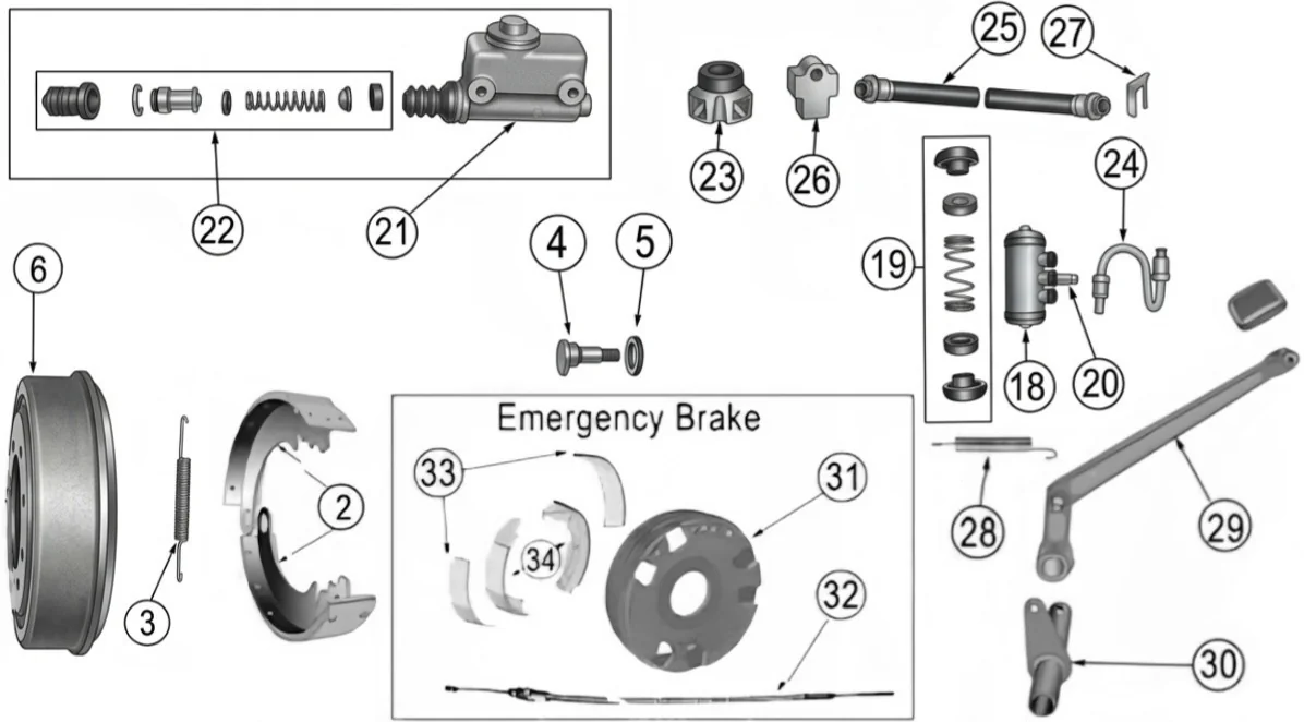 Jeep CJ3A 1949-1953 brake parts exploded drawing with number labled spares highlighted