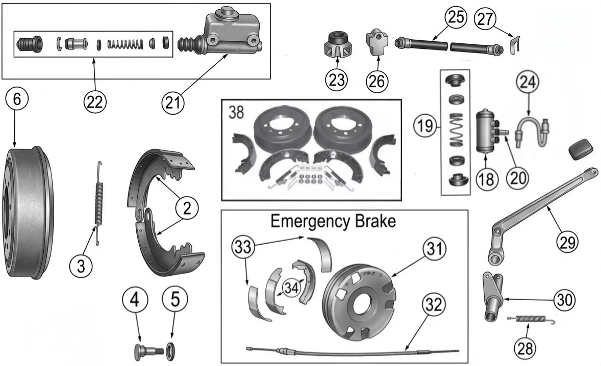 Willys Jeep CJ3B 1953-1964 brake parts exploded drawing with number labled spares highlighted.