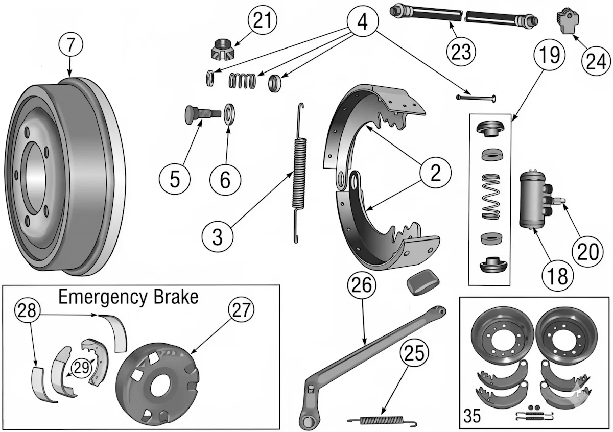 Willys Jeep M38 50-52 brake parts exploded drawing with number labled spares highlighted.