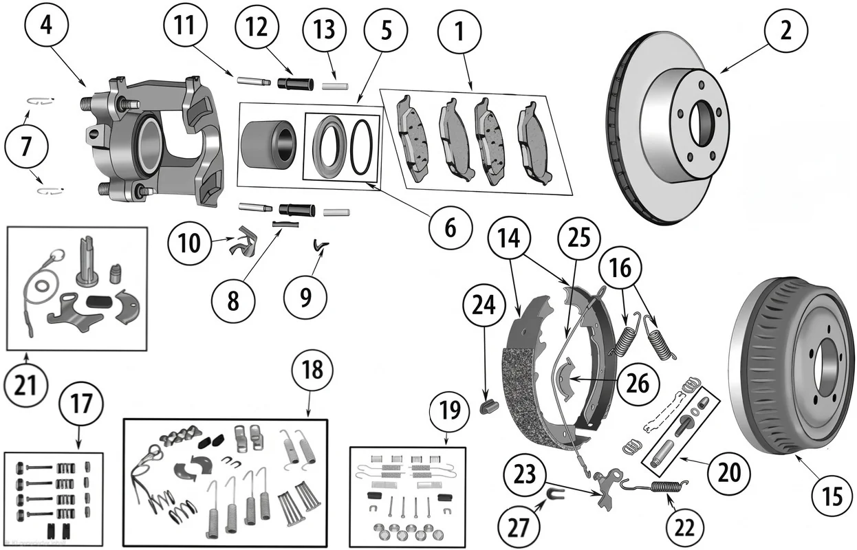 Jeep CJ5 72-83 Bremsenteile Explosionszeichnung mit nummerierten Teilen aufgezeigt.