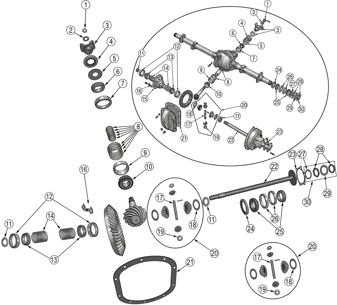Ford GPW 1941-1945 dana 27 rear axle exloded drawing with number labled parts highlighted