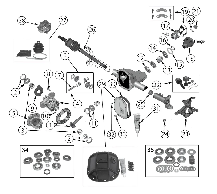 Jeep Grand Cherokee WJ 99-04 Dana 30 front axle exploded drawing with number labled spares highlighted.