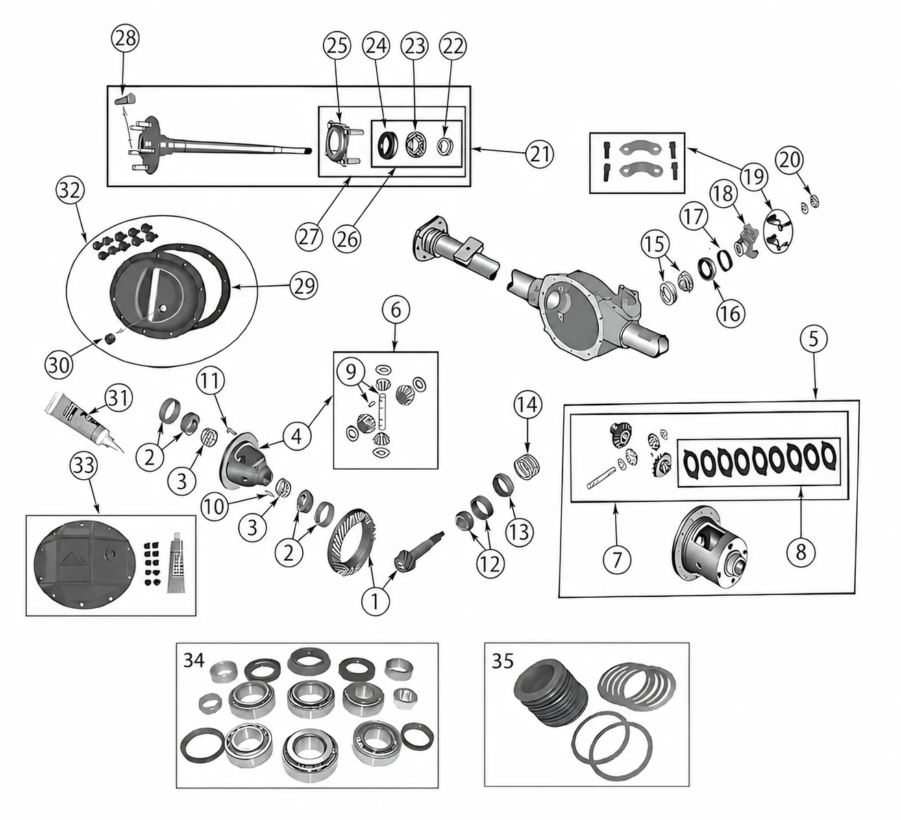 Jeep Grand Cherokee WJ WG 99-04 Dana 35 rear axle exploded drawing with number labled spares highlihgted.