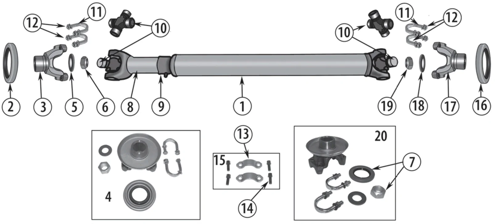 Jeep CJ5 55-71 drive shaft exploded drawing with number labled spares highlighted.