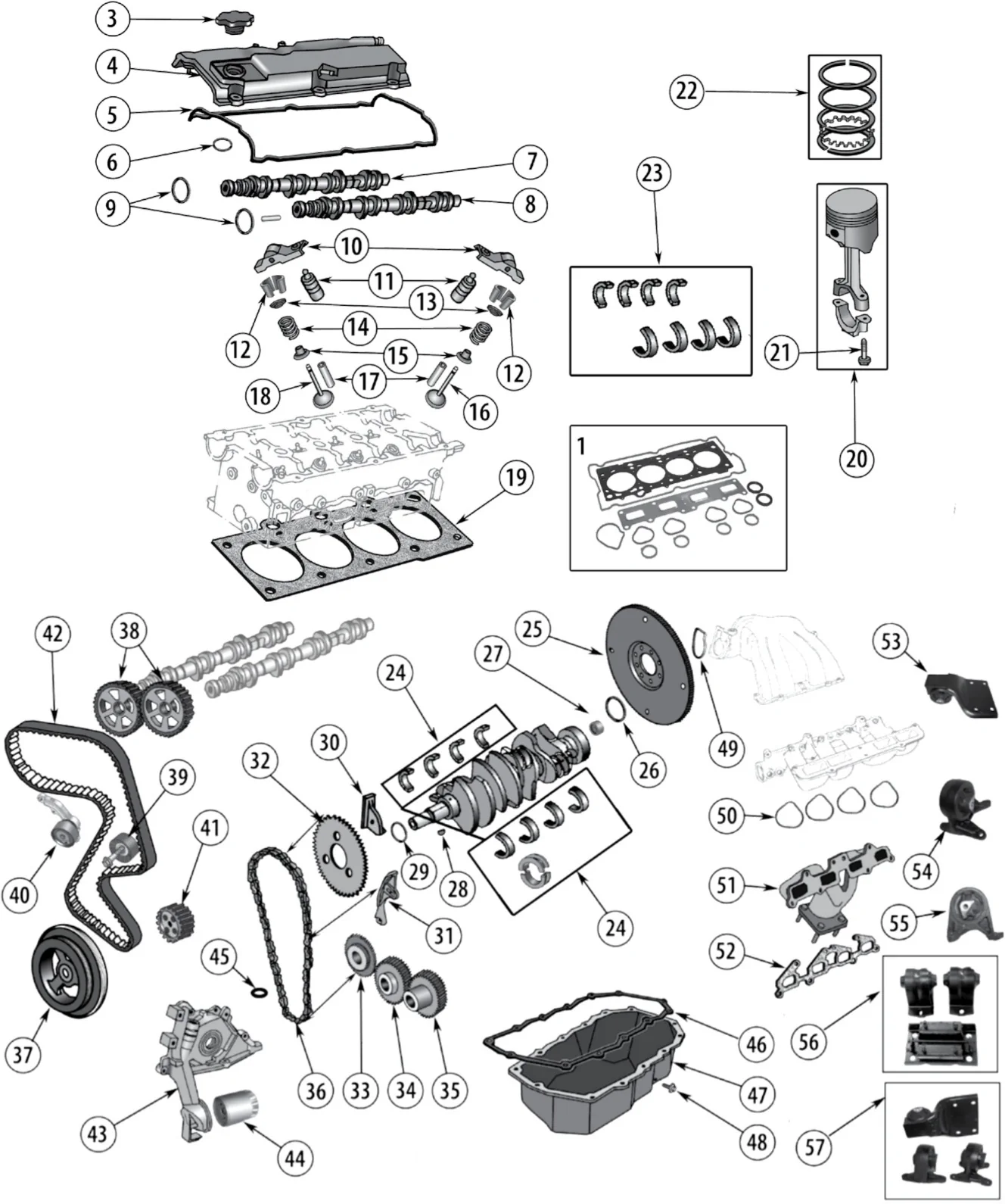 Jeep Wrangler TJ 03-06 2.4L 4-Cylinder Engine Parts exploded drawing with number labled parts