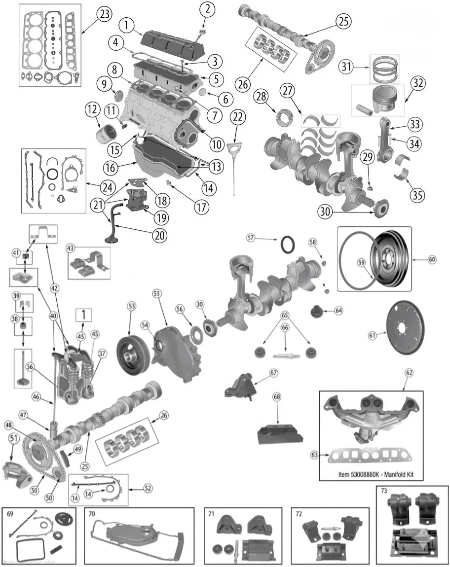 Jeep Wrangler YJ 87-95 AMC 2,5L 4-Cylinder Engine Parts exploded drawing with numbered parts highlithed