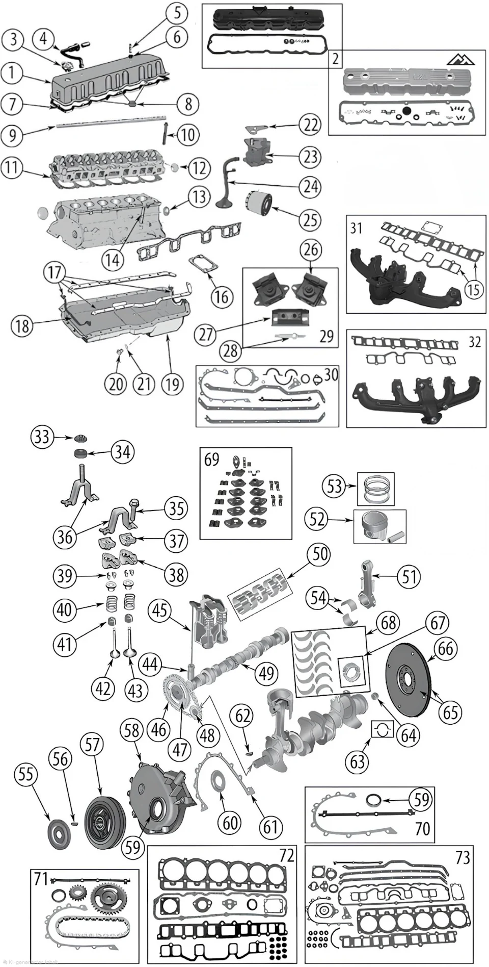 Jeep CJ6 72-75 3.8L & 4.2L 6-cylinder engine parts exploded drawing with number labled spares highlighted.