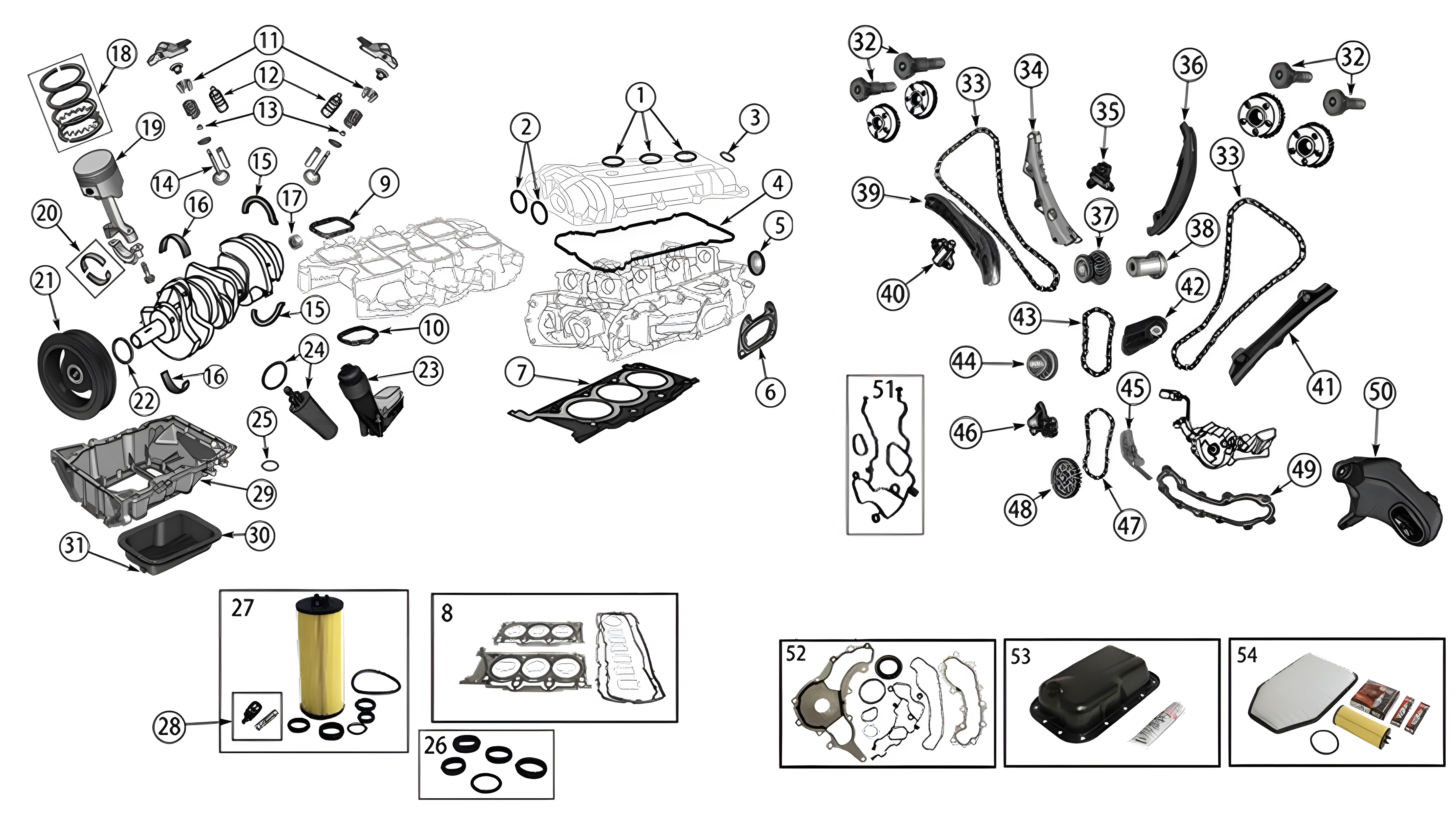 Jeep Wrangler JK 12-18 3.0L & 3.6L 6-cyl. engine parts exploded drawing with number labled spares.