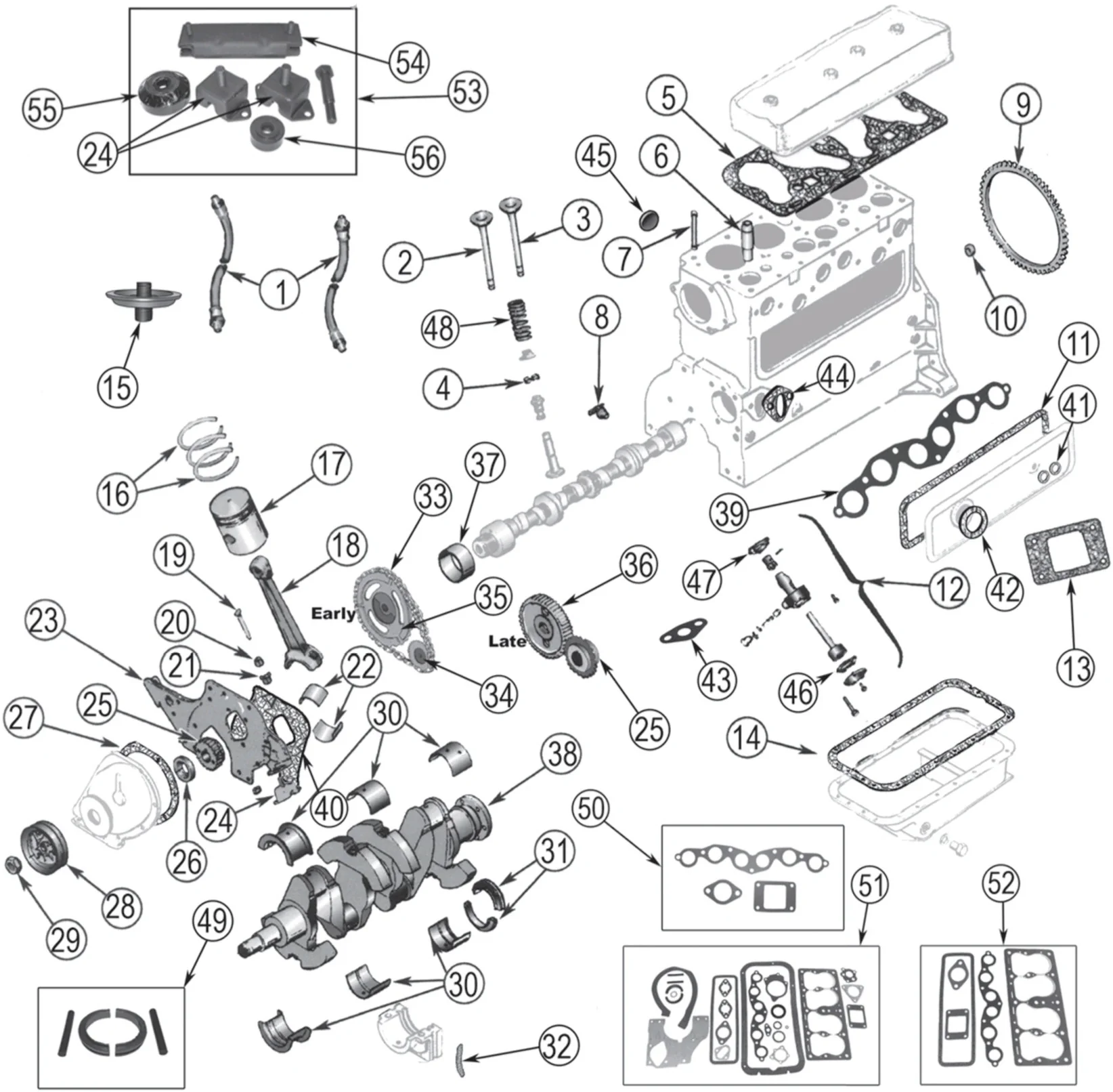 Jeep Willys MB 1941-1945 4-134 cui Go Devil 2.2L engine parts exploded drawing with number labled parts highlighted