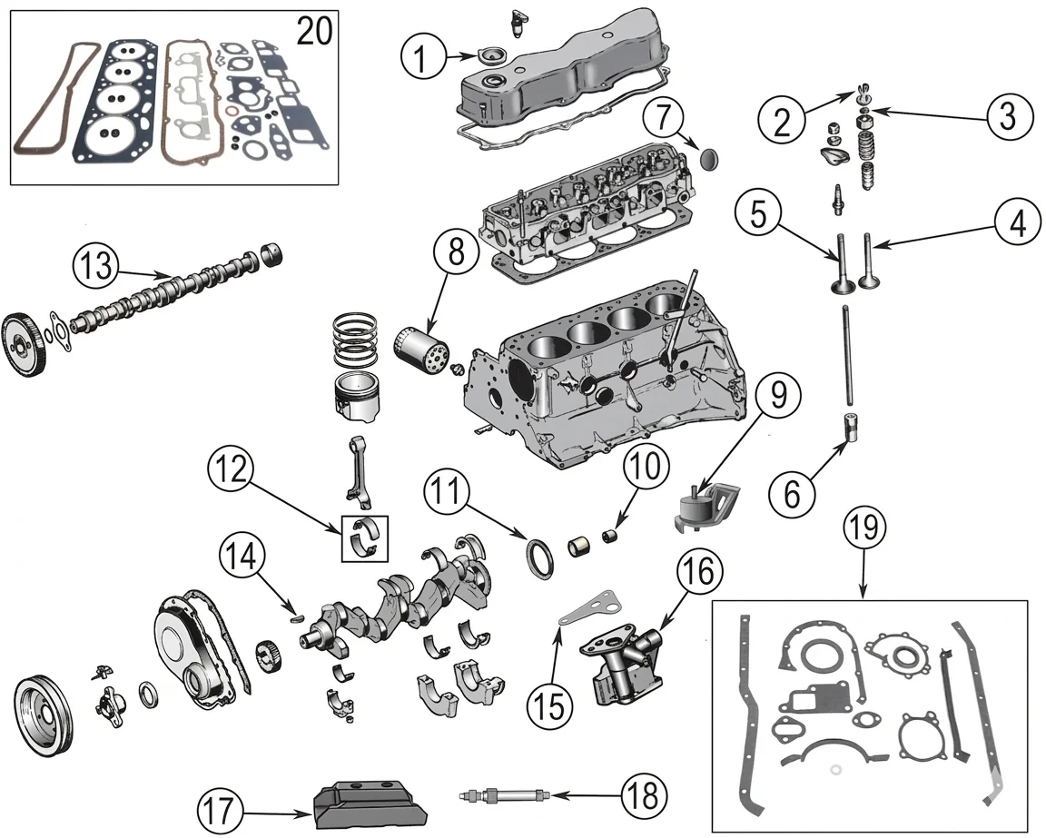 Jeep CJ5 80-83 2.5L 4-cylinder GM engine exploded drawing with number labled spares highlighted.
