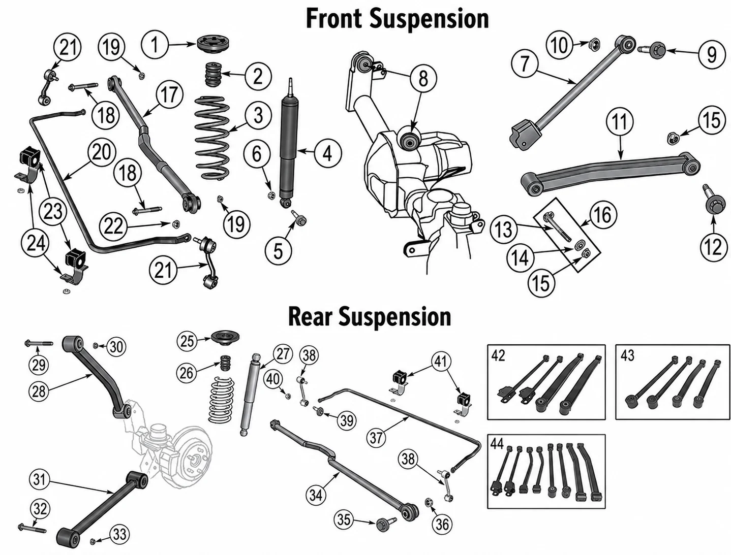 Jeep Wrangler JK 07-18 Fahrwerksteile Explosionszeichnung mit nummerierten Teilen aufgezeigt.