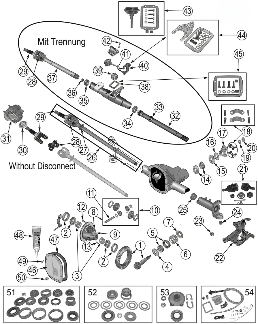 Jeep Wrangler YJ 87-95 Front Axle Dana 30 exploded drawing with number labled parts highlighted