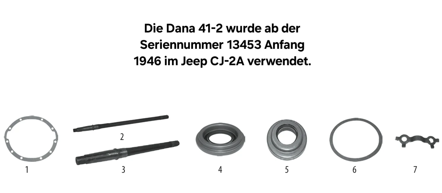 Jeep CJ2A 1946-1949 Dana 41 Hinterachse Explosionszeichnung mit nummerierten Teilen aufgezeigt.