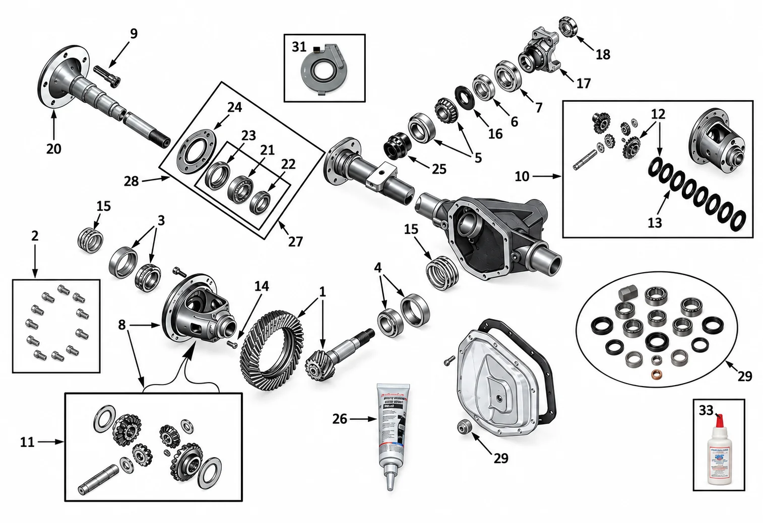 Jeep Grand Cherokee WJ WG 99-04 Dana 35 Hinterachse mit nummerierten Teilen aufgezeigt.