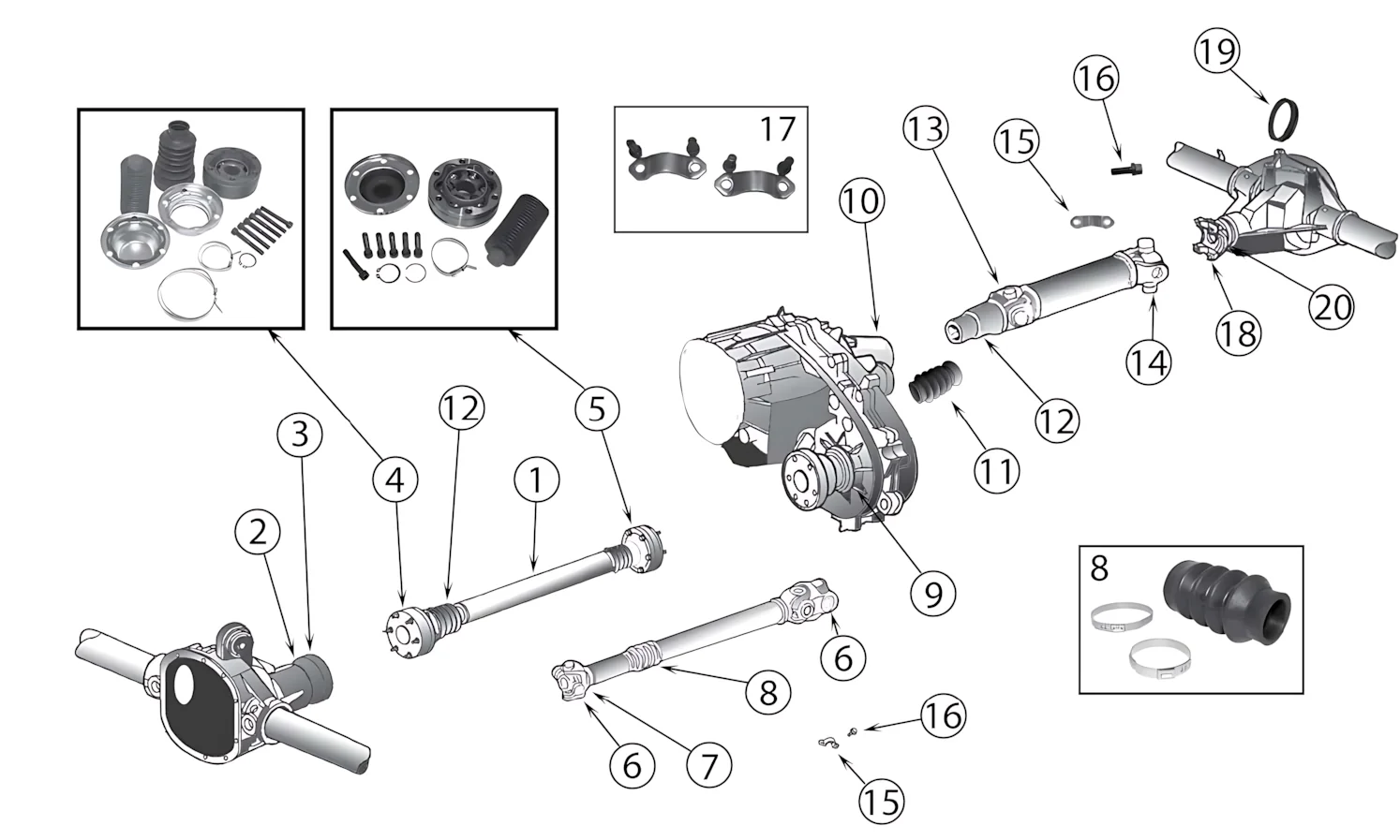 Jeep Grand Cherokee WJ 99-04 Kardanantrieb Explosionszeichnung mit nummerierten Teilen aufgezeigt.