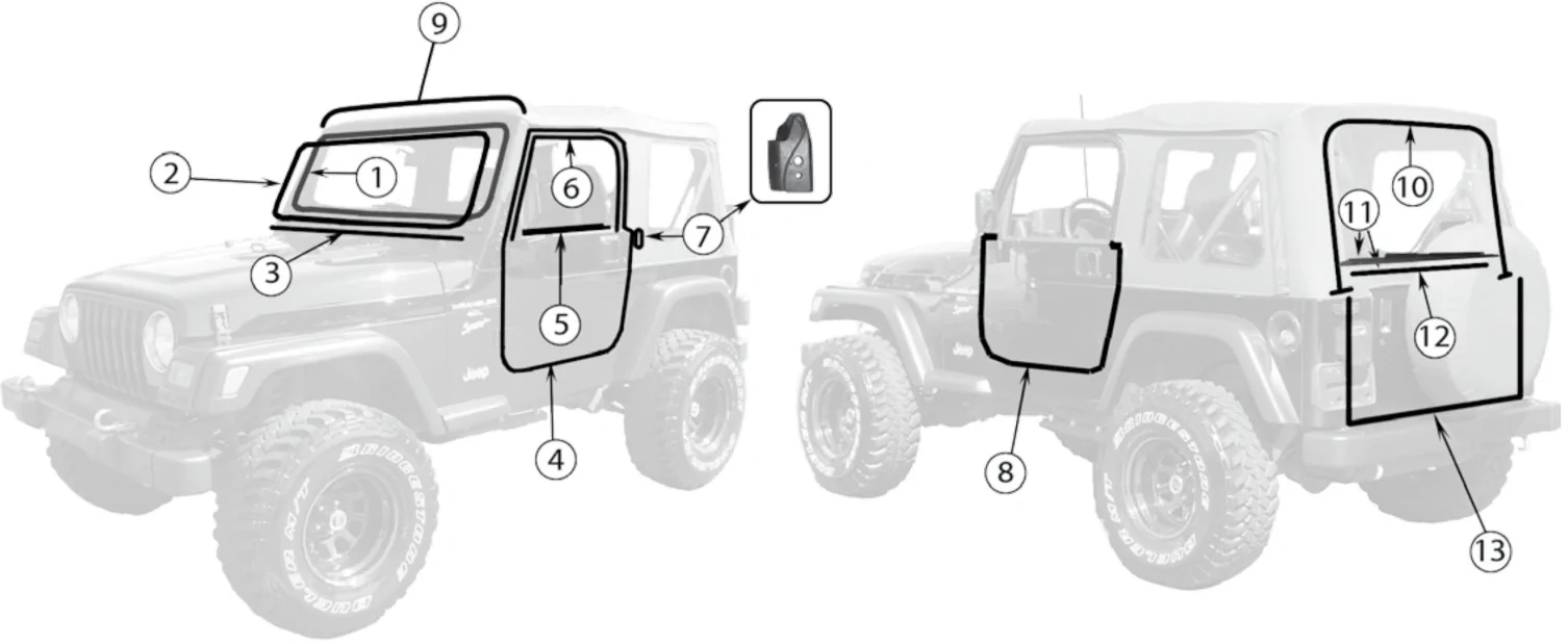 Jeep Wrangler TJ 96-06 technische Zeichnung mit Karosseriedichtungen