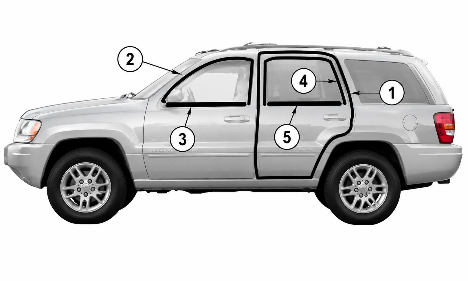 Jeep Grand Cherokee WJ WG 99-04 Karosseriedichtungen am Fahrzeug aufgezeigt.