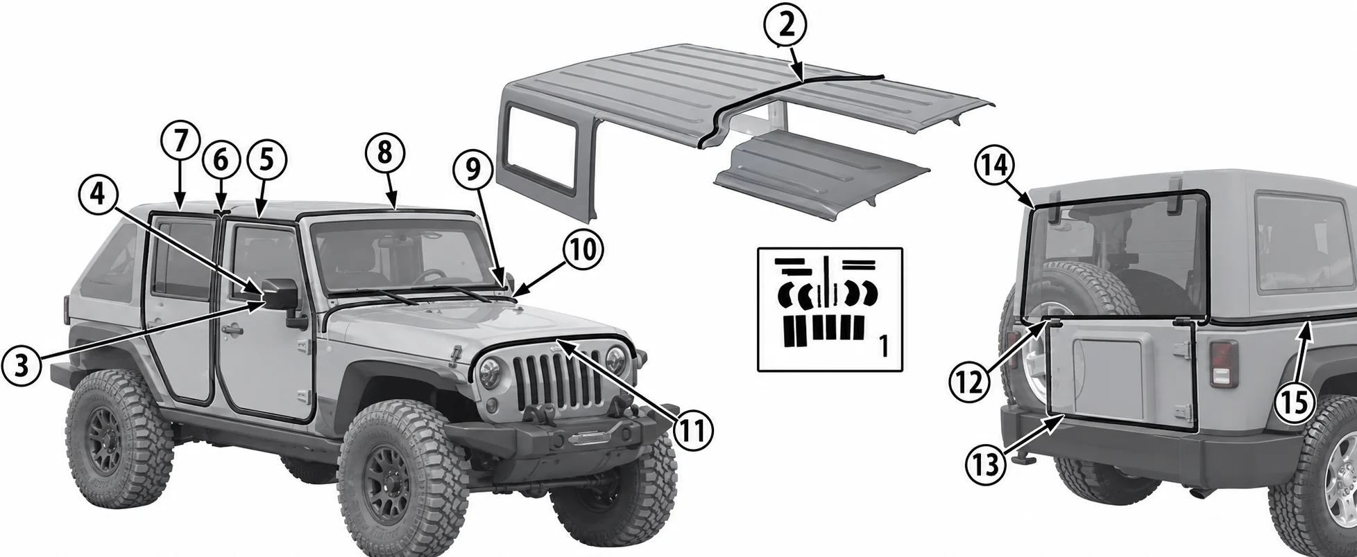 Jeep Wrangler TJ 96-06 technische Zeichnung mit Karosseriedichtungen
