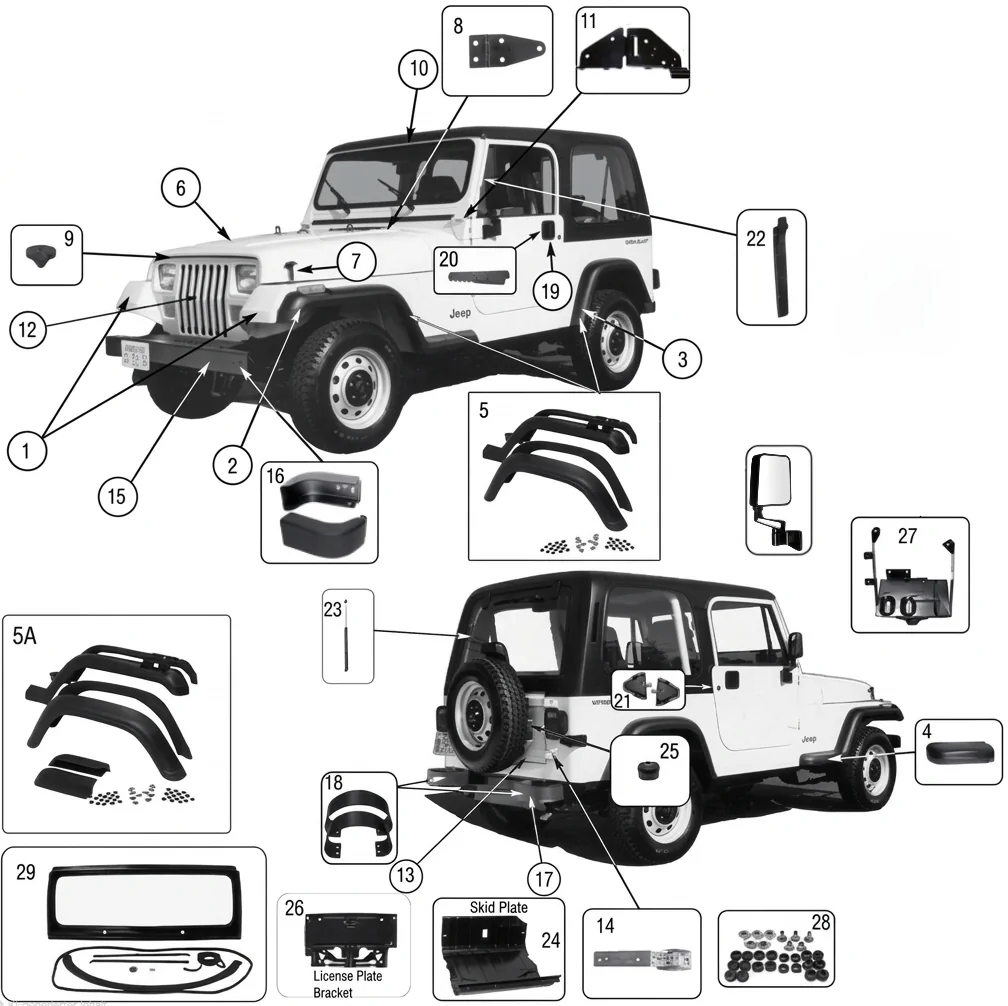 Jeep Wrangler YJ 87-95 Karosserieteile nummeriert am Fahrzeug aufgezeigt