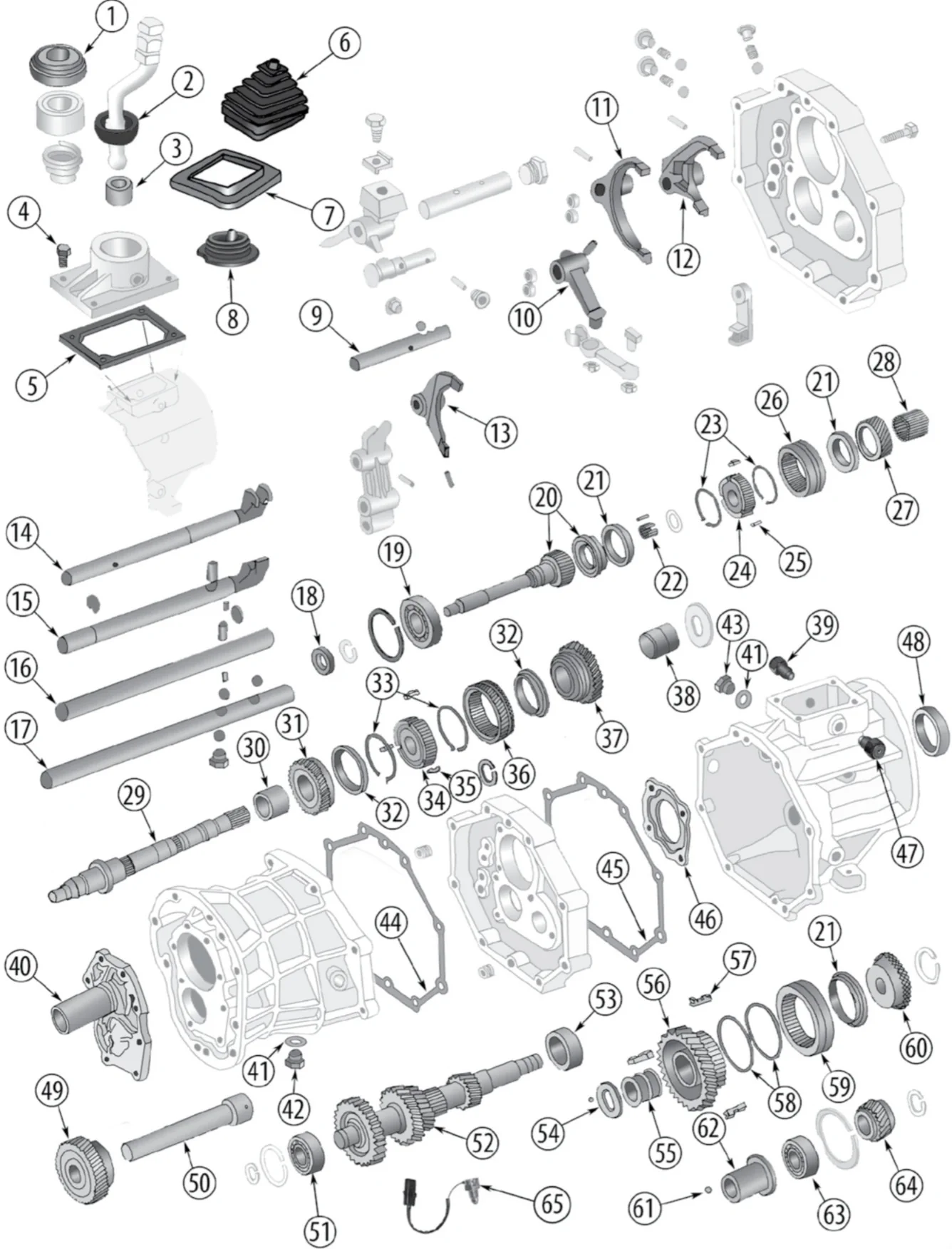 Jeep Wrangler TJ 96-02 Manual Transmission AX5 5-Speed exploded drawing with number labeled parts