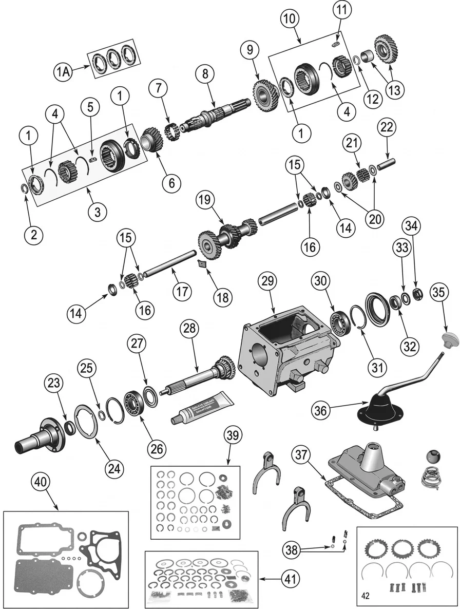 Jeep CJ5 55-75 T15 3-speed transmission exploded drawing with number labled spares highlighted.