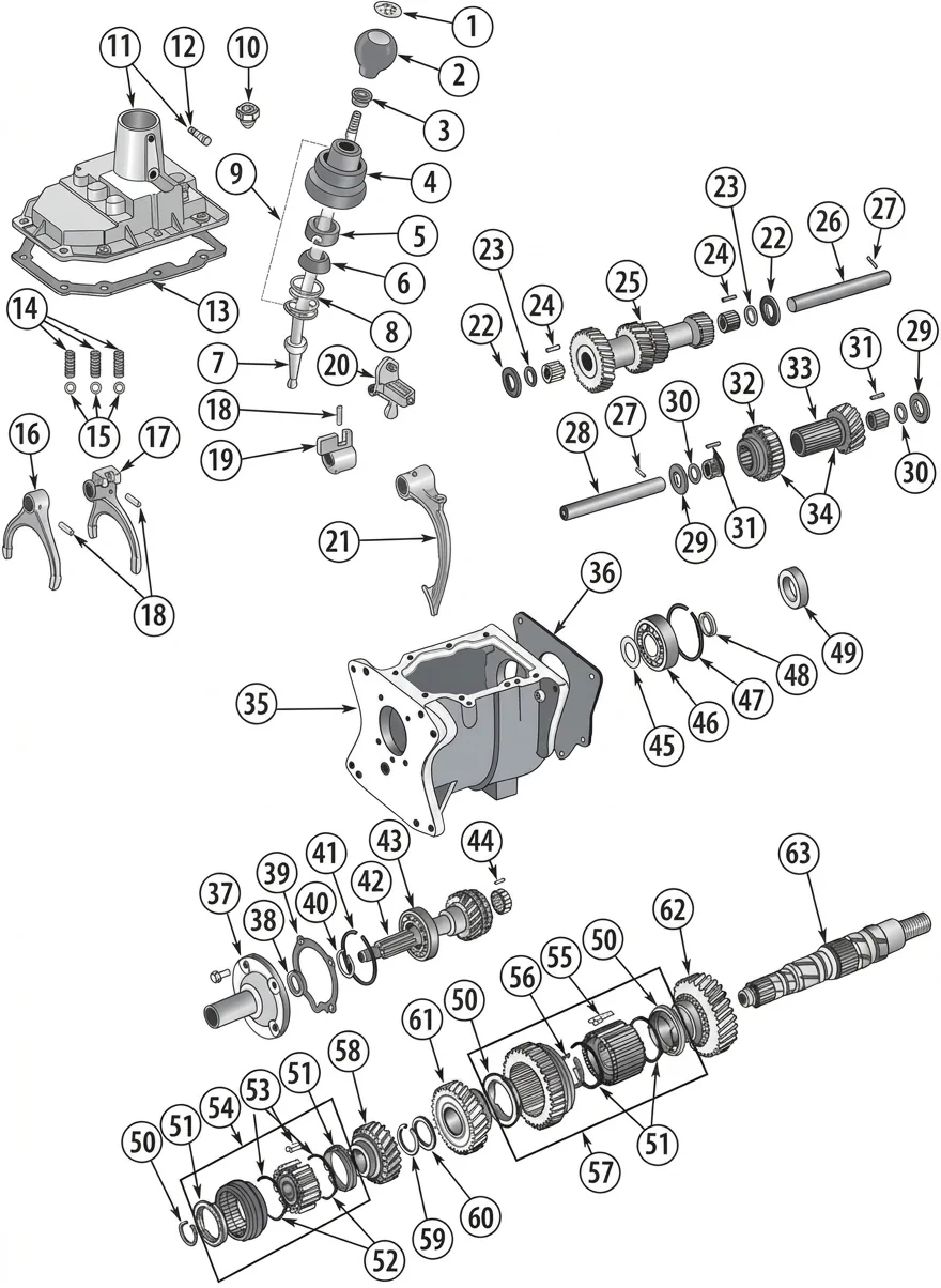 Jeep CJ5 80-83 T176 & T177 4-speed transmission exploded drawing with number labled spares highlighted. 