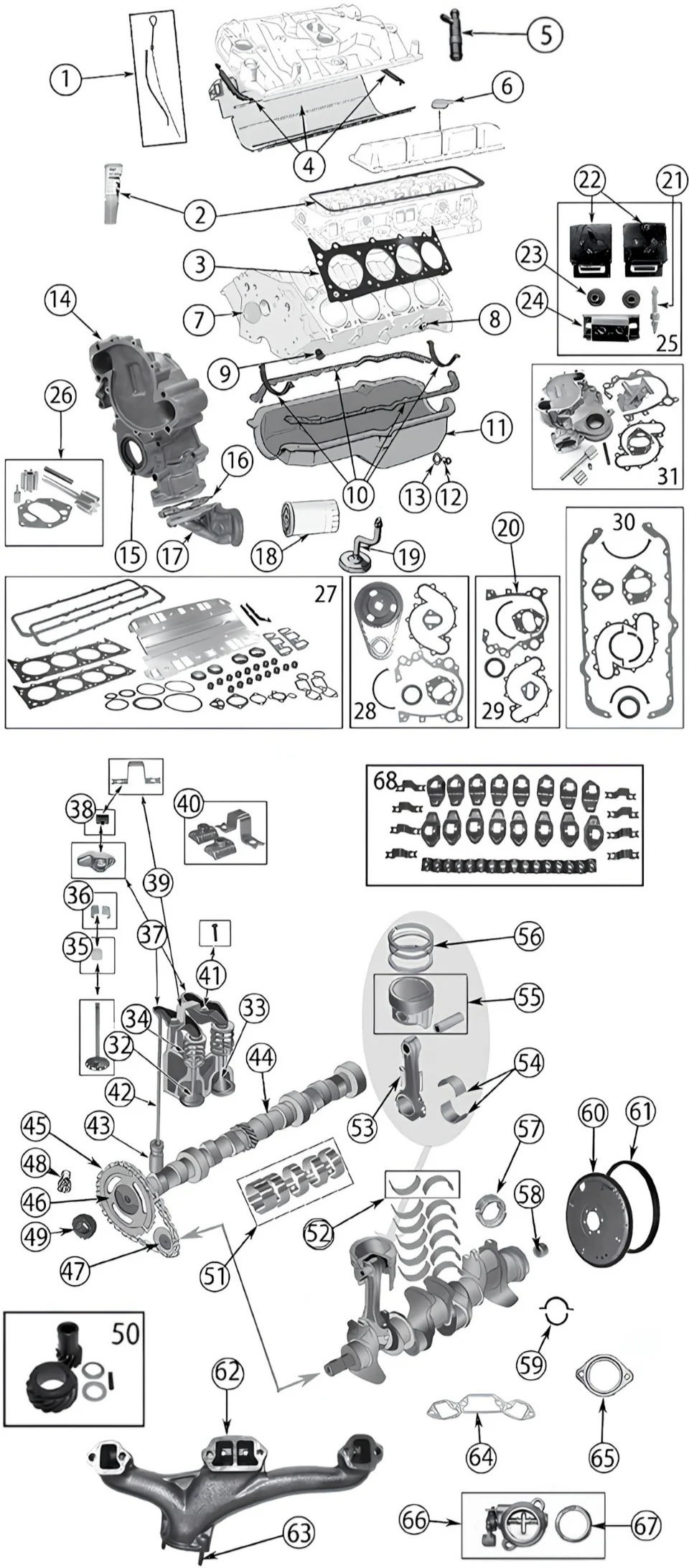 Jeep CJ5 72-81 5,0L & 5,9L 8-Zylinder Motor Explosionszeichnung mit nummerierten Teilen aufgezeigt.