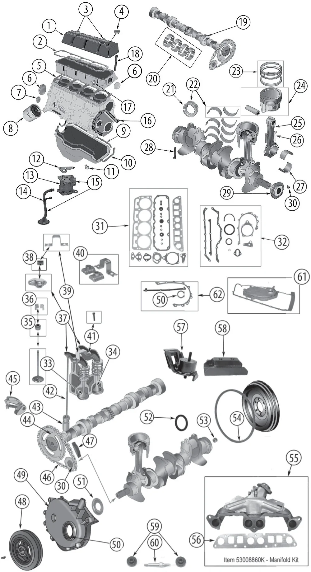 Jeep CJ5 1983 2,5 L 4-Zylinder AMC Motor Explosionszeichnung mit nummerierten Teilen aufgezeigt.