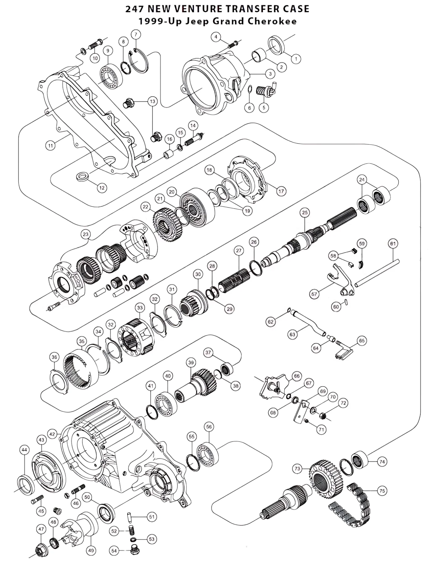 Jeep Grand Cherokee WJ WG 99-04 NV247 Verteilergetriebe Explosionszeichnung mit nummerierten Teilen aufgezeigt.