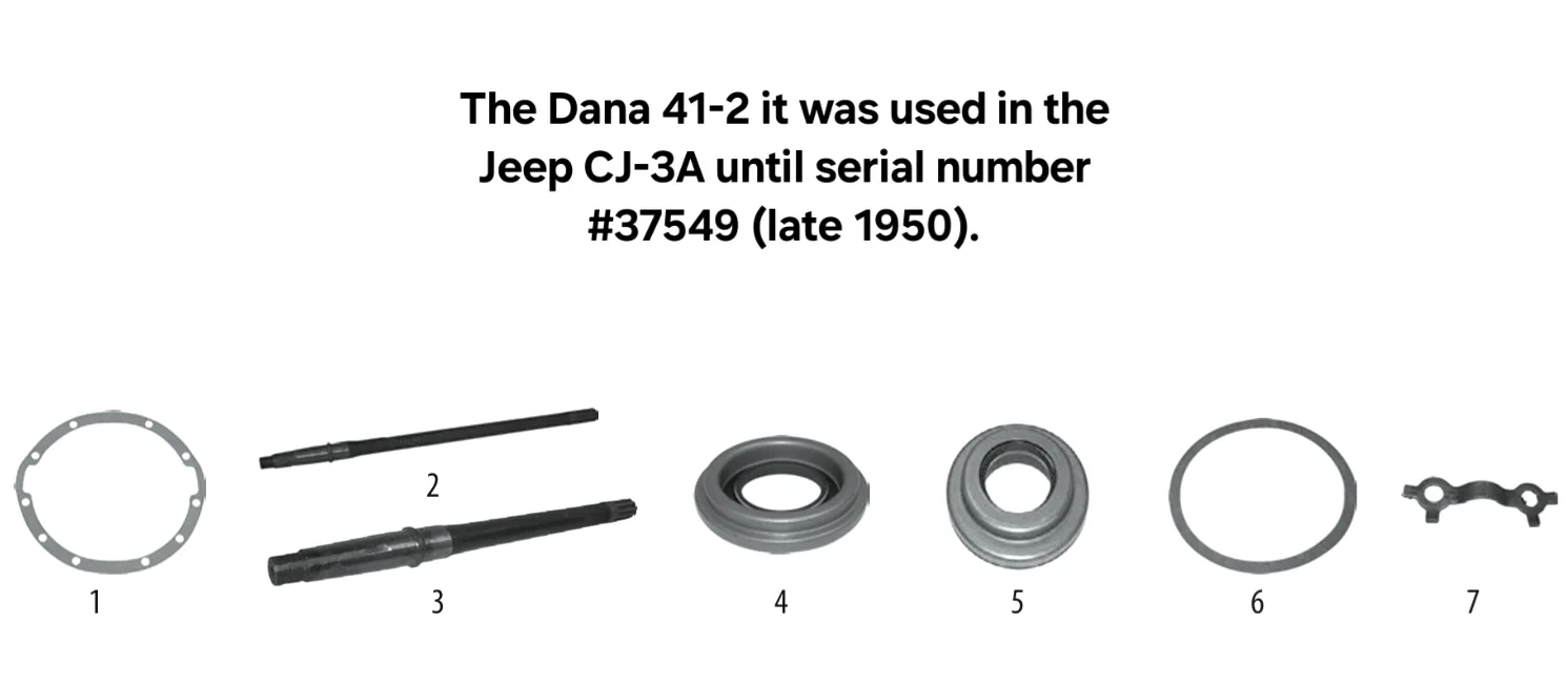 Jeep CJ3A 1949-1953 dana 41 rear axle exploded drawing with number labled parts highlighted