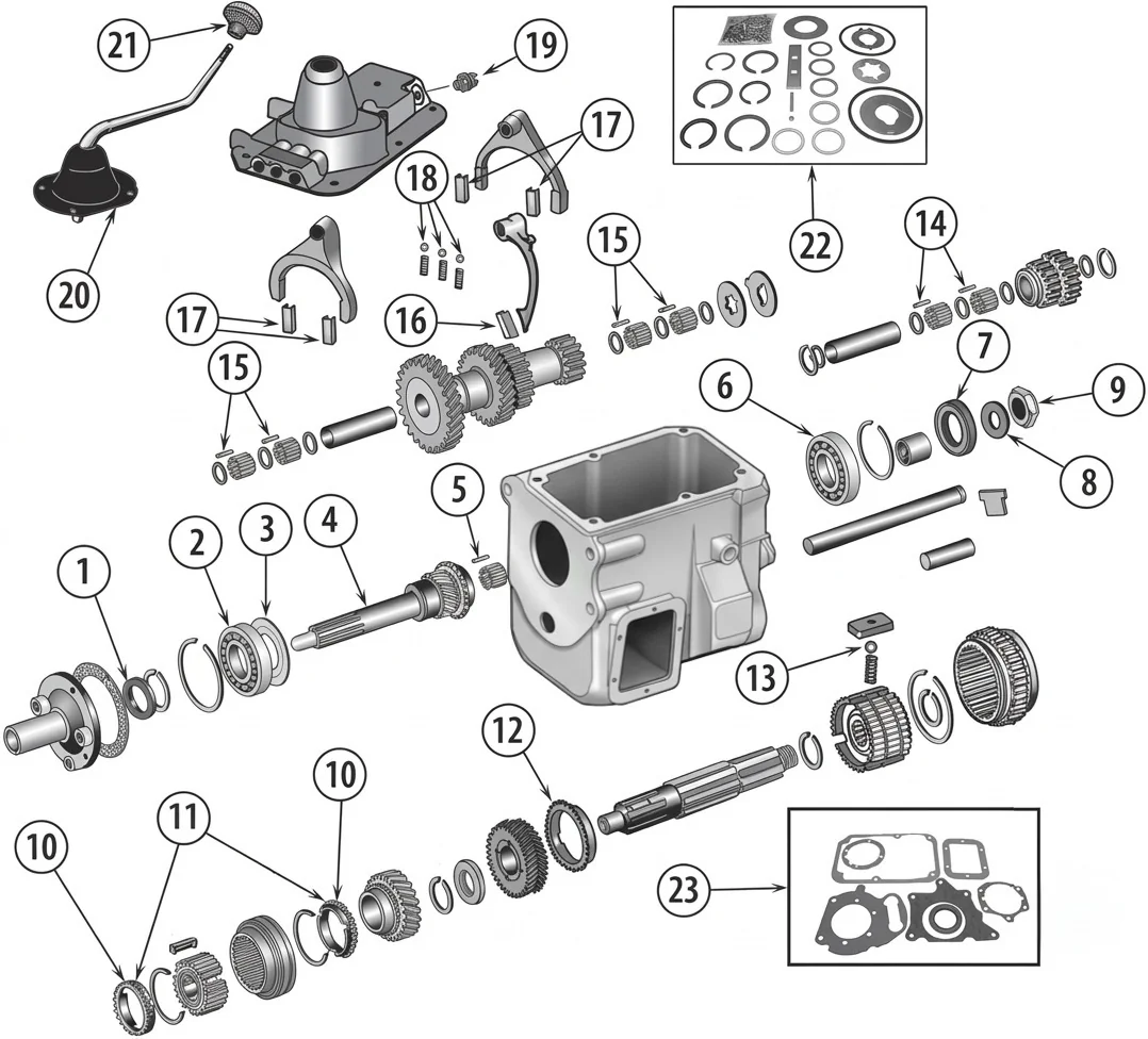 Jeep CJ6 55-75 T18 4-Gang Schaltgetriebe Explosionszeichnung mit nummerierten Teilen aufgezeigt.