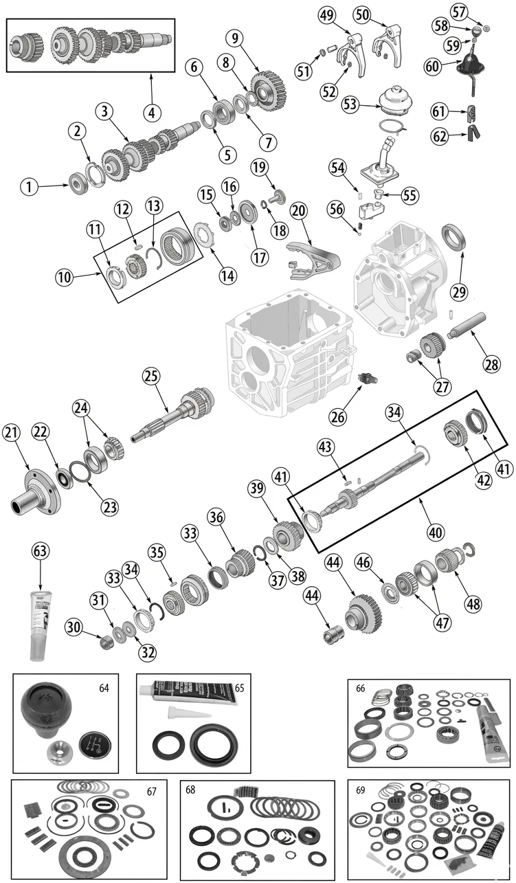 Jeep CJ5 82-83 T5 5-Gang Schaltgetriebe Explosionszeichnung mit nummerierten Teilen aufgezeigt.