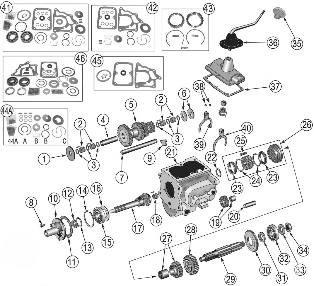 Jeep CJ2A 1946-1949 T90 3-Gang Schaltgetriebe Explosionszeichnung mit nummerierten Teilen aufgezeigt