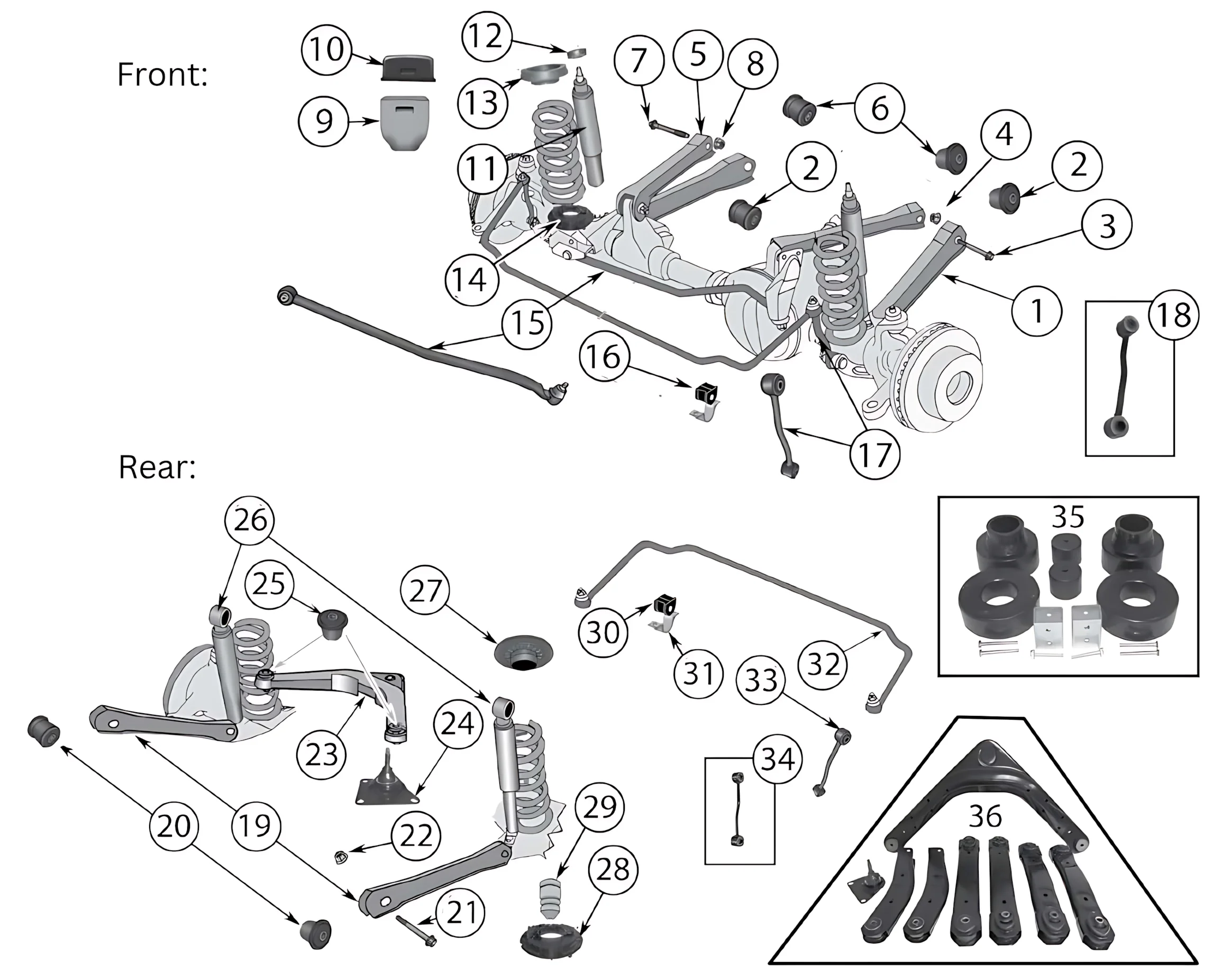 Jeep Grand Cherokee WJ WG 99-04 suspension exploded drawing with number labled spares highlighted.