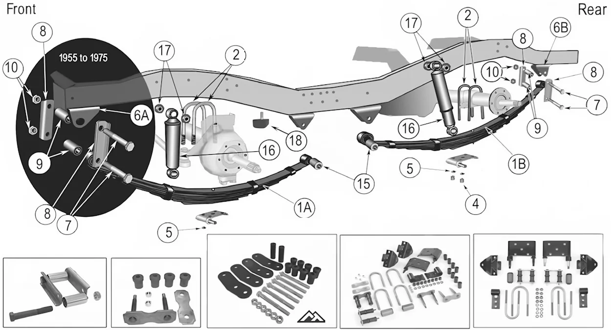 Jeep CJ5 55-71 suspension parts exploded drawing with number labled spares highlighted.