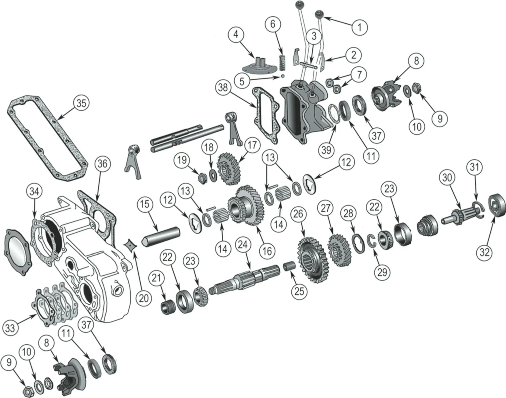 Ford GPW Dana 18 transfer case exploded drawing with number labled parts highlighted