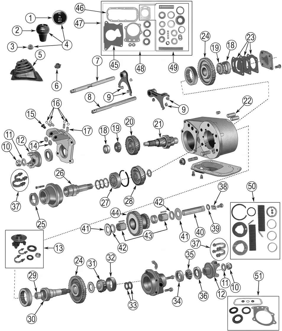 Jeep CJ5 80-83 Dana 300 transfer case exploded drawing with number labled spares highlighted.