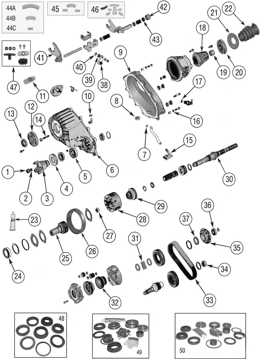 Jeep Grand Cherokee WJ WG 99-04 NP242 NV242 transfer case exploded drawing with number labled spares.