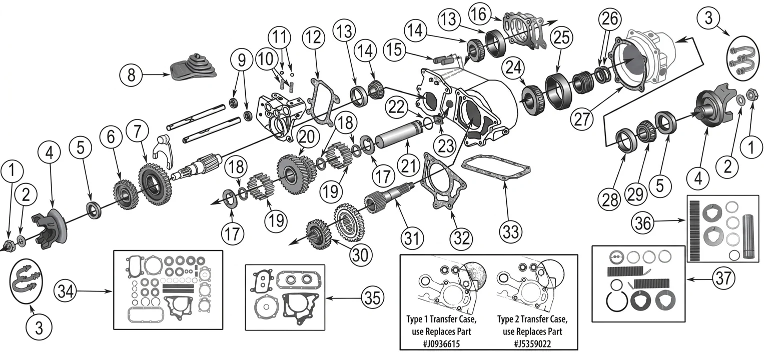 Jeep CJ5 76-79 Dana 20 Verteilergetriebe Explosionszeichnung mit nummerierten Teilen aufgezeigt.
