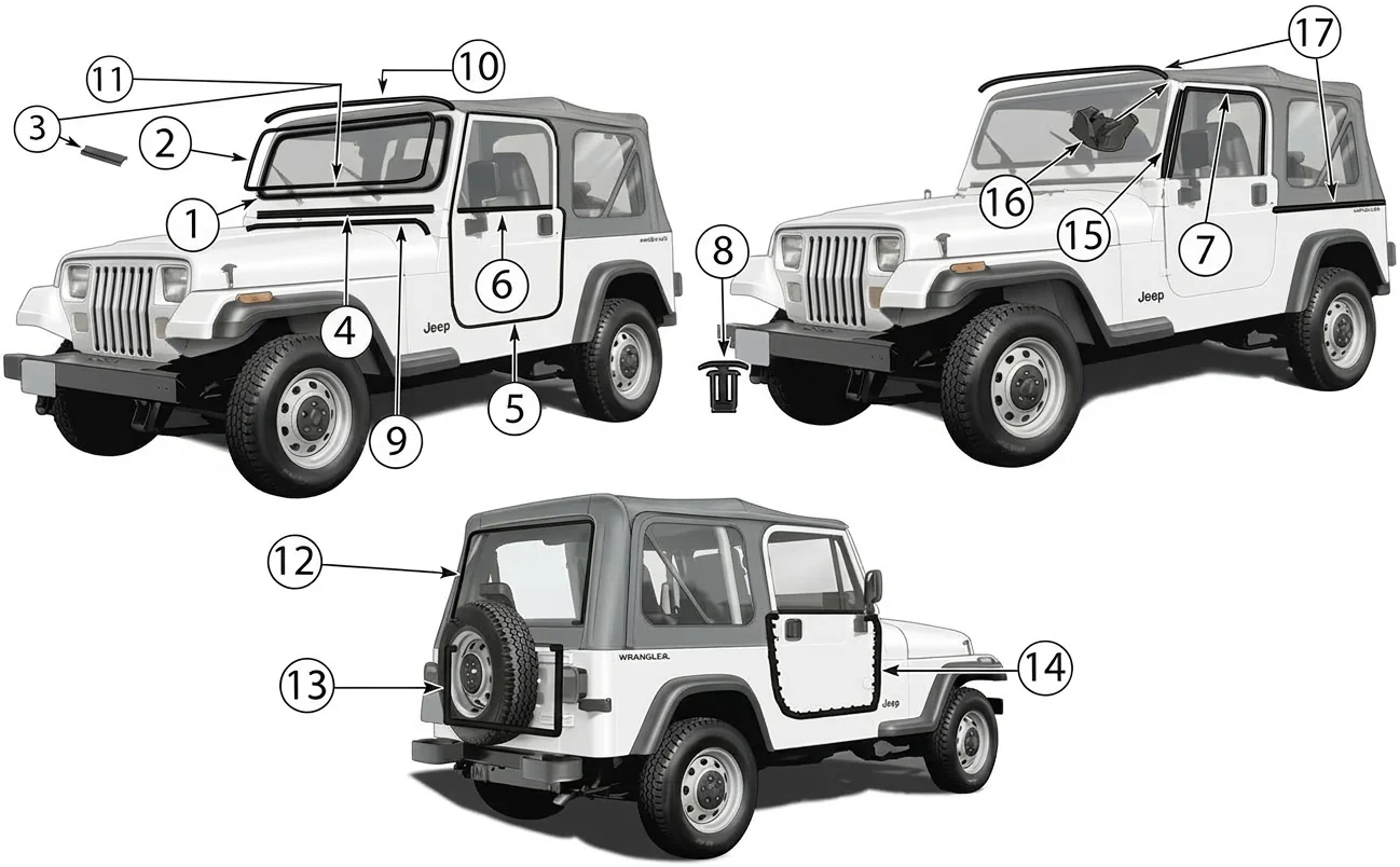 Jeep Wrangler YJ 87-95 Weather Stripping Body Seals number labeled parts highlighted on vehicle