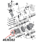 Preview: Lagerhalter, Gehäusedeckel vorne am AX15 Schaltgetriebe. Jeep Cherokee XJ / Wrangler YJ / TJ / Grand Cherokee ZJ / ZG (1994-1999), Explosionszeichnung, die mit rotem Pfeil die Position des Halters am Schaltgetriebezeigt.